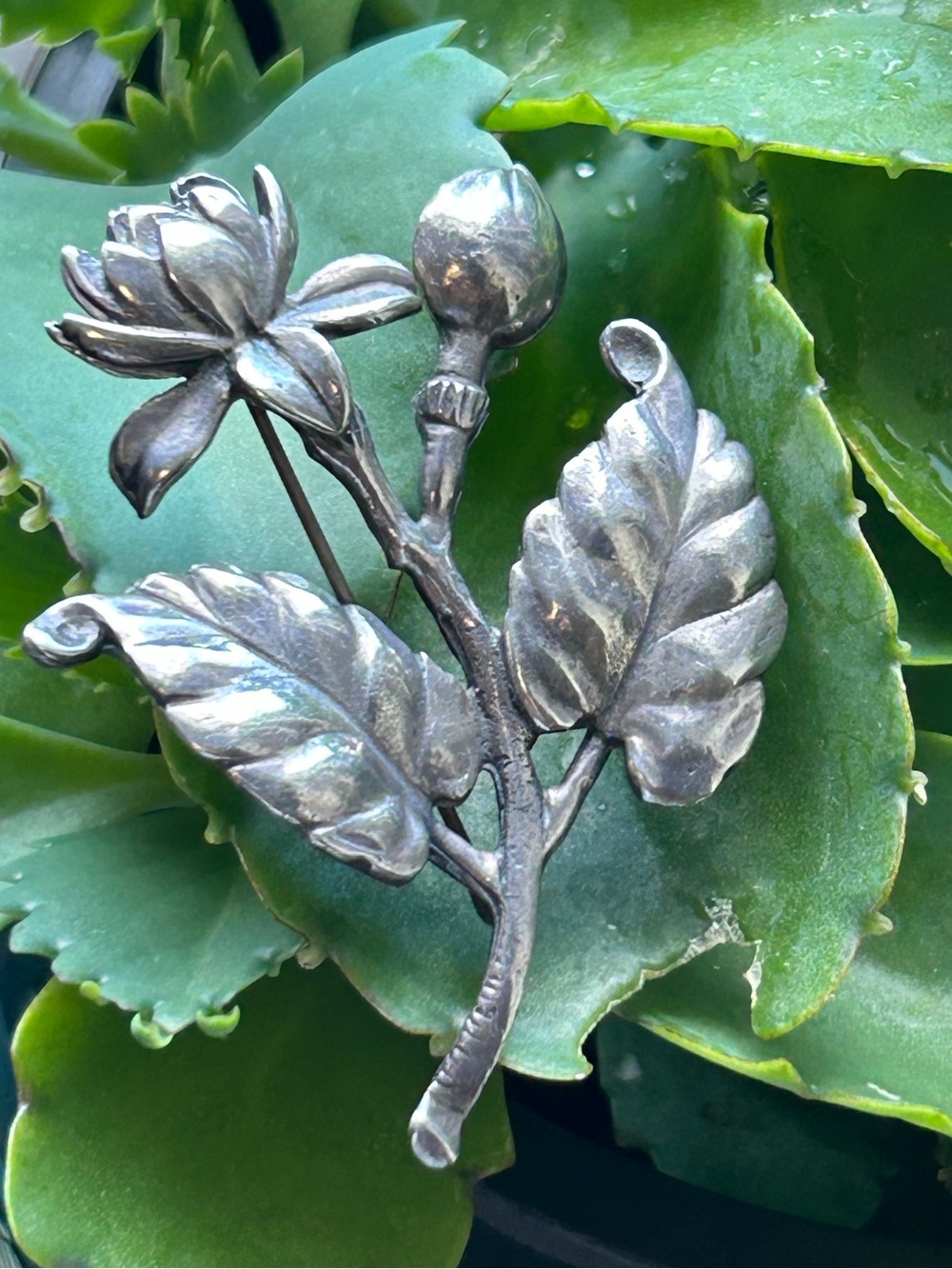 Vintage sterling silver Honolulu Ming’s Pikake flower leave brooch pin Rare